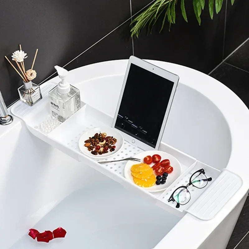 Extendable Bathtub TrayAre you tired of struggling to keep your book, phone, and towel dry while enjoying a relaxing bath?Look no further because our Bathtub Shelf Extendable Bathroom BathExtendable  Bathtub Tray